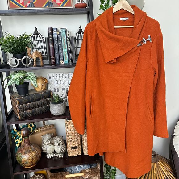 GARNET HILL Asymmetrical Boiled-Wool Coat Pumpkin Orange Sz 10 - Picture 2 of 6